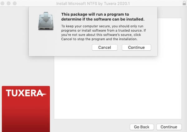 Confirm the alert to continue installing Tuxera NTFS for Mac