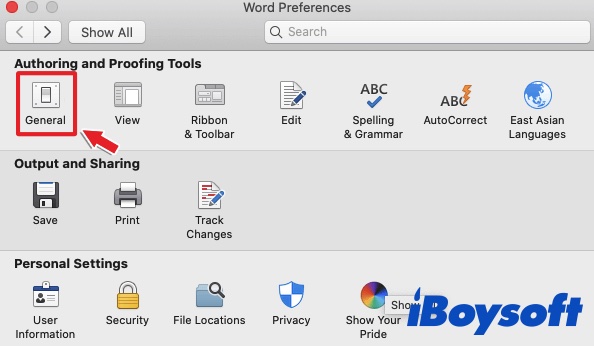 the General tab in Word Preferences
