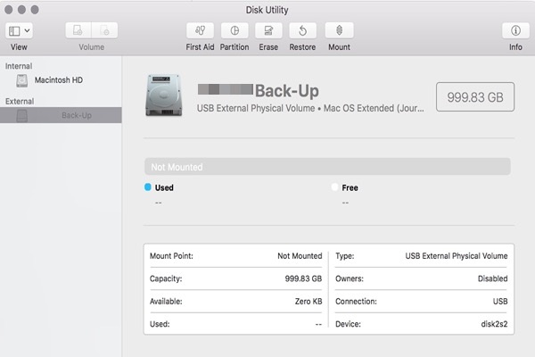 external hard drive is greyed out in Mac's Disk Utility