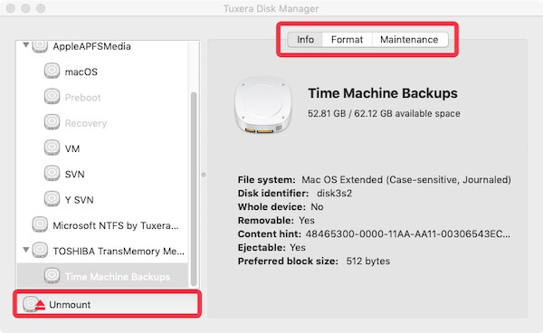 Interface de Tuxera NTFS for Mac