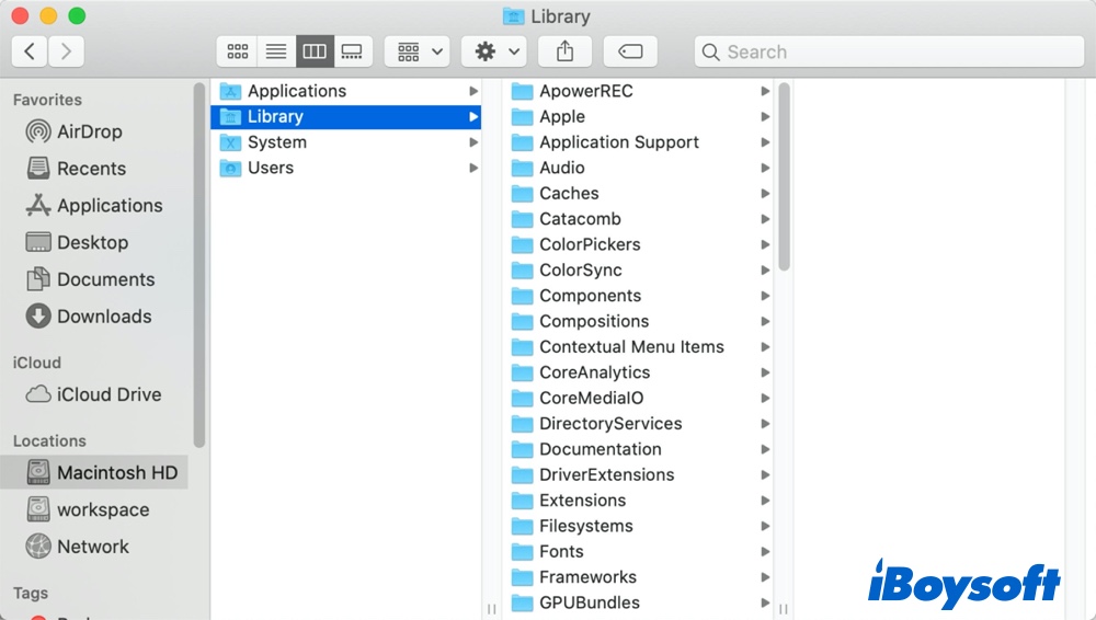 show Macintosh HD Library folder in the Finder