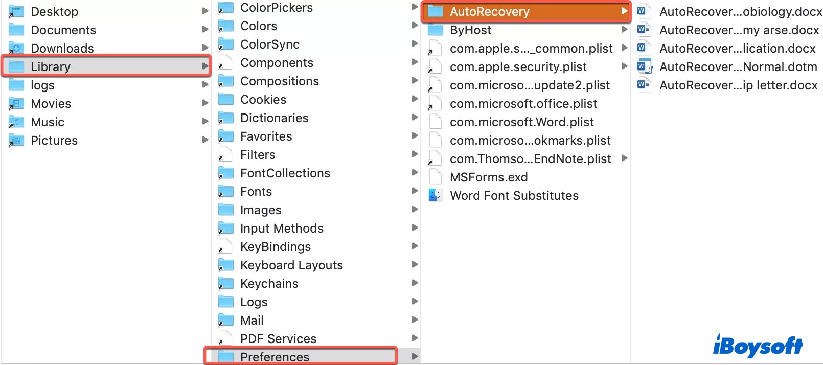 showing the AutoRecovery folder in Finder