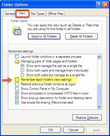 the Remember each folder's view settings option in Windows 7