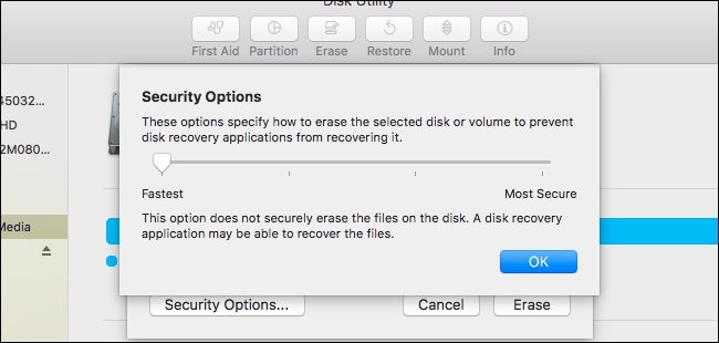 La fenêtre Options de sécurité de l'Utilitaire de disque
