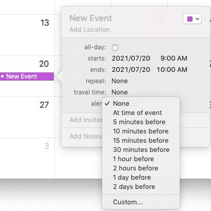 Select Custom to set an alarming way and time in Calendar