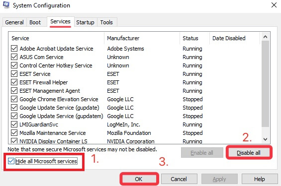 Disable services in System Configuration