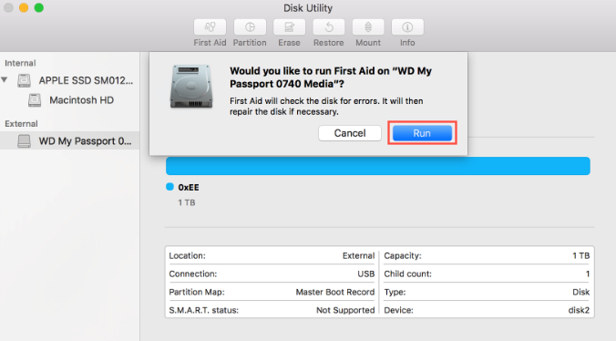 Fix read-only WD My Passport using First Aid in Disk Utility