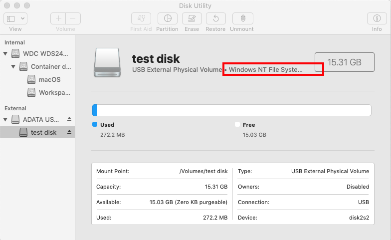 Windows NT File System in Disk Utility