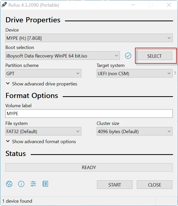 Select iso file in Rufus