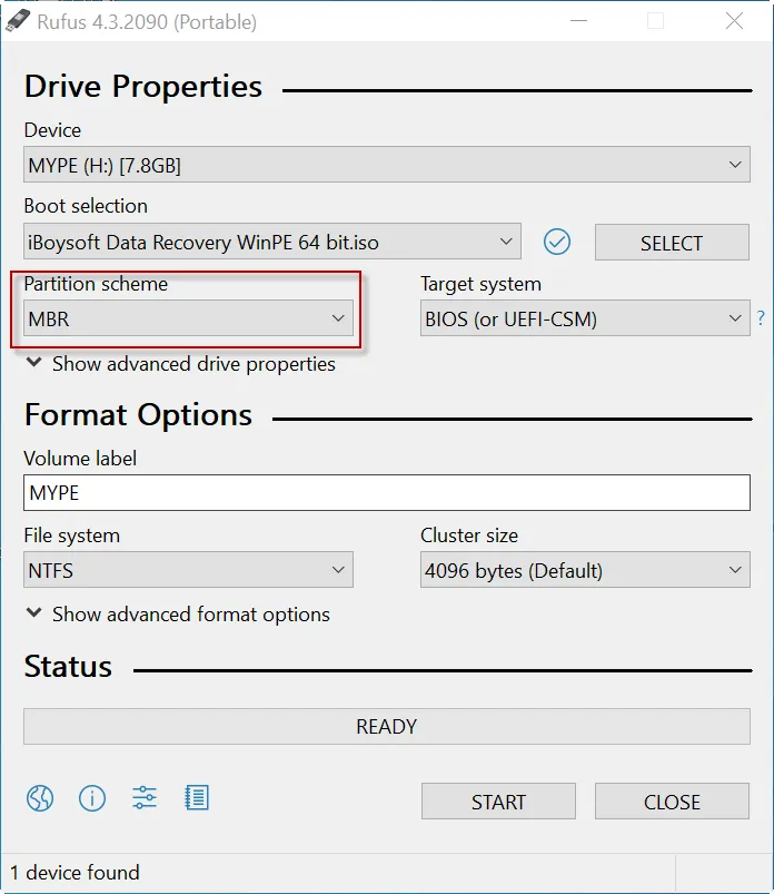 Select MBR partition scheme in Rufus