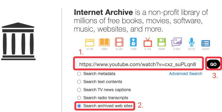 Search the deleted YouTube video's URL with archive.org