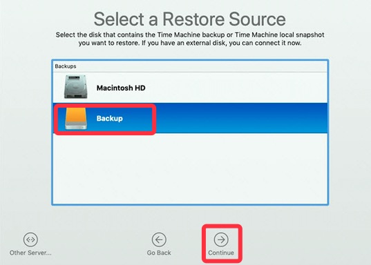 Select the backup disk containing macOS Catalina