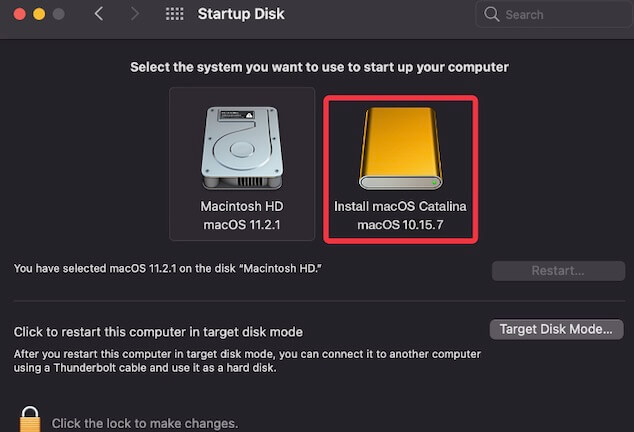 Select the startup disk with macOS Catalina installer
