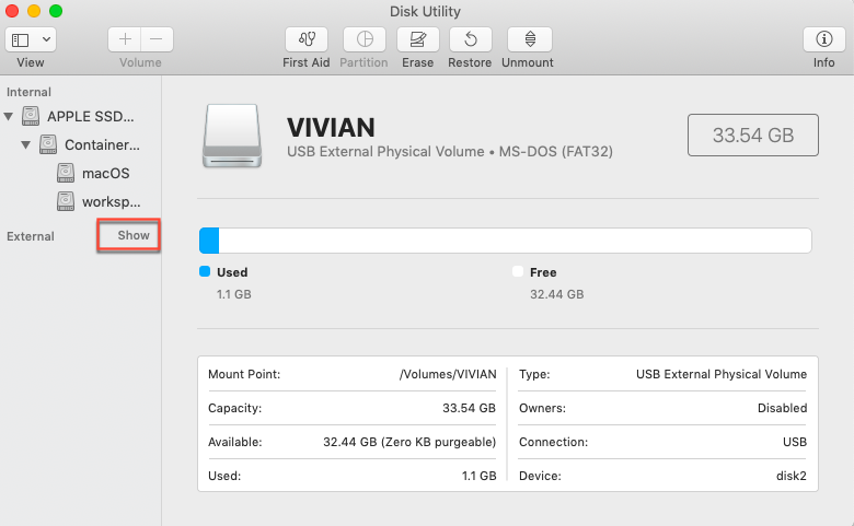 manually show external hard drive in Disk Utility