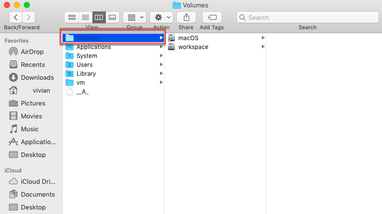 Rechercher un disque dur externe sur Mac en accédant au dossier Volume