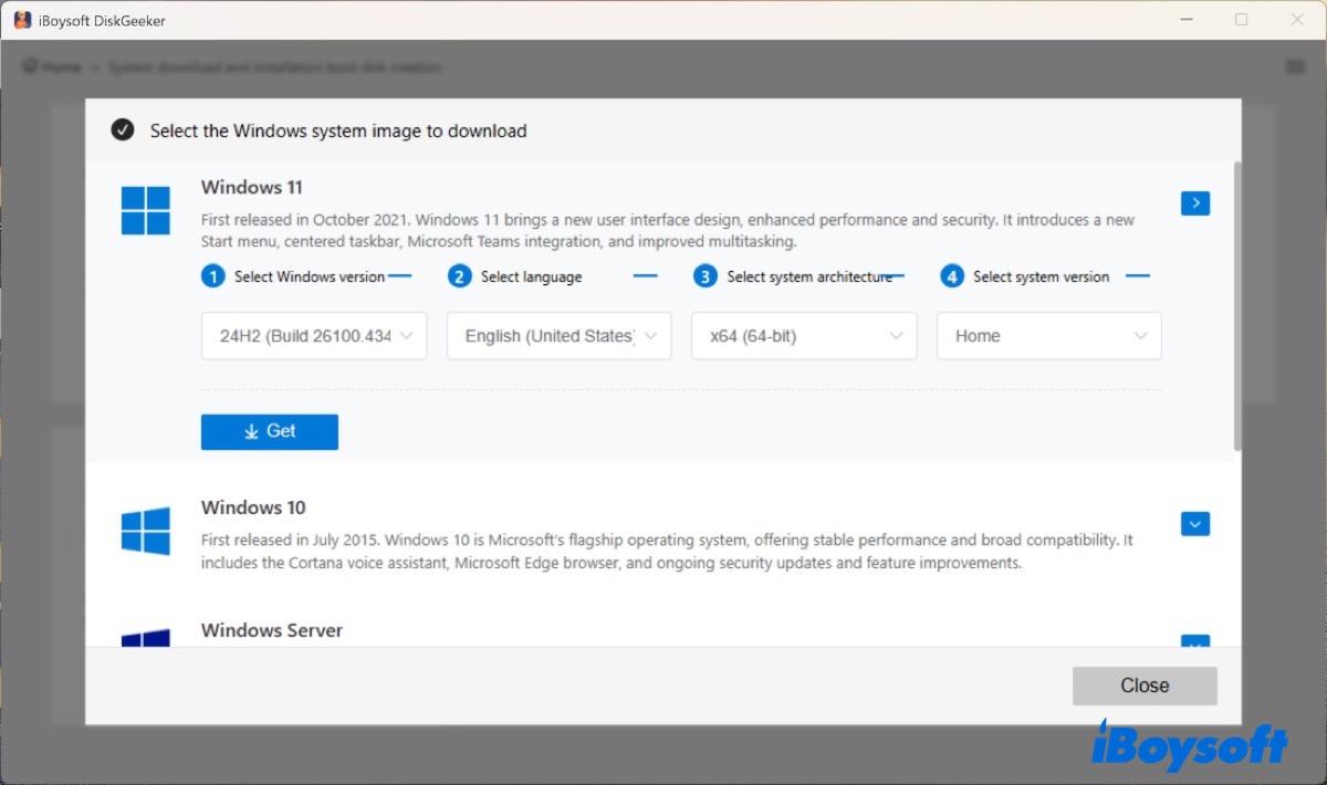 Showing options to download Windows 11, 10, 8, 7 ISO files