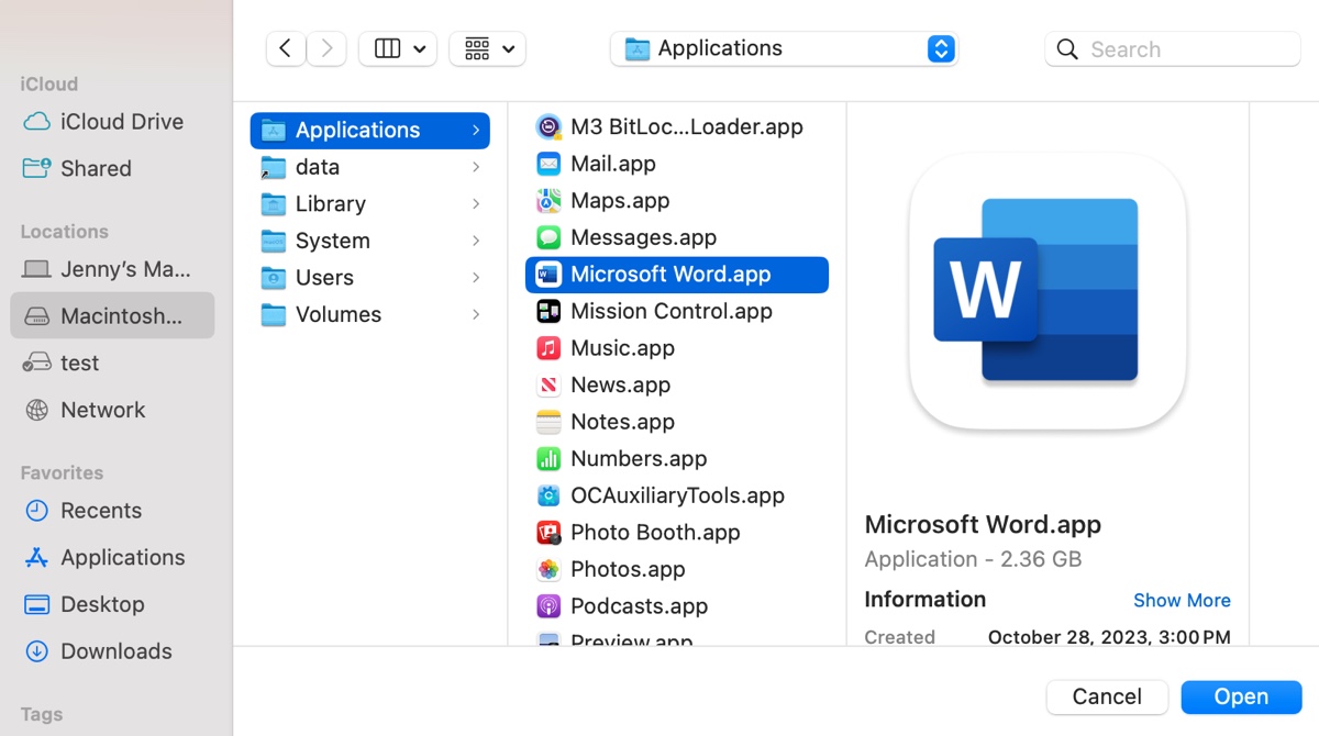 Wordをフルディスクアクセスリストに追加