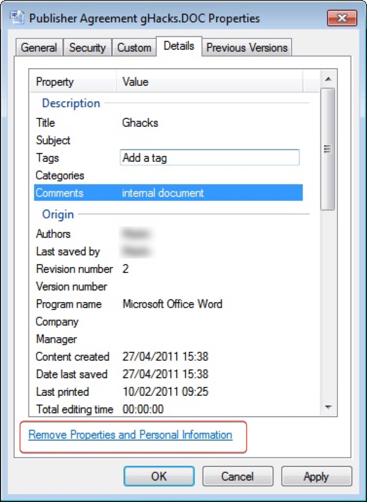 プロパティと個人情報を削除